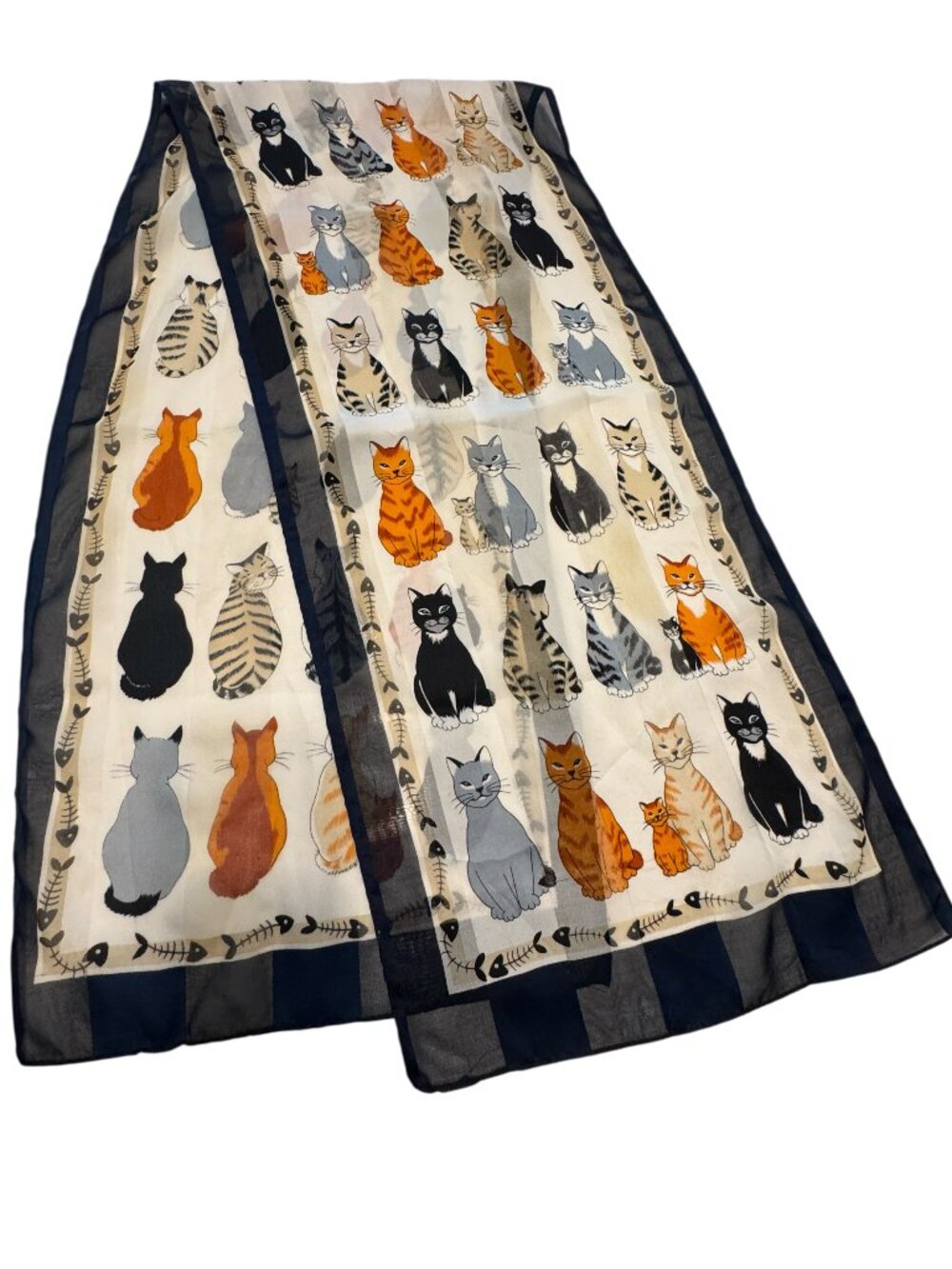 Semi-Sheer Scarf Cats Kittens Cream & Navy Blue Edge Multicoloured Rectangle